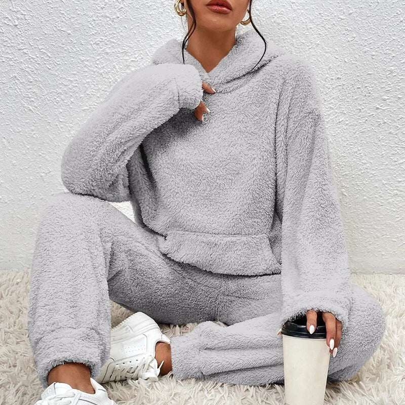 Pyjama Femme Hiver Douillet avec Capuche et Pantalon Confortable