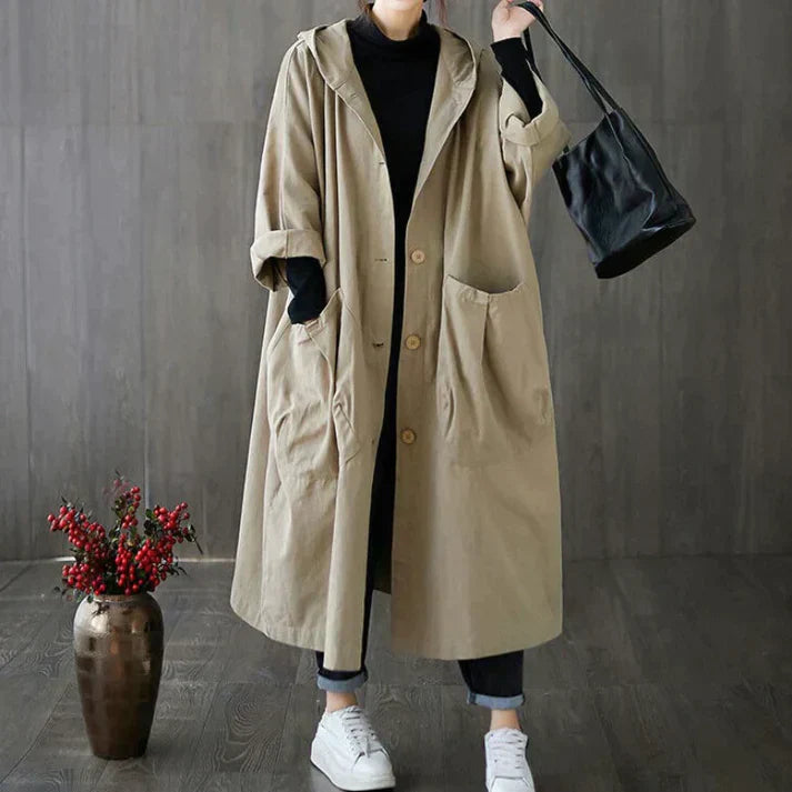 Manteau femme long en coton avec capuche, couleur beige - LuxeStyle