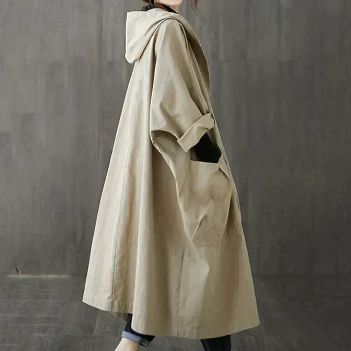 Manteau femme long en coton avec capuche, couleur beige
