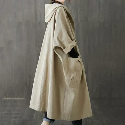 Manteau femme long en coton avec capuche, couleur beige