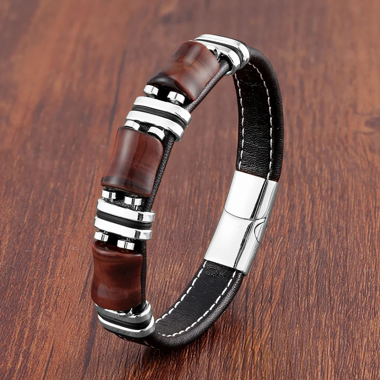 Bracelet Cuir Homme avec Pierre Oeil de Tigre Élégant