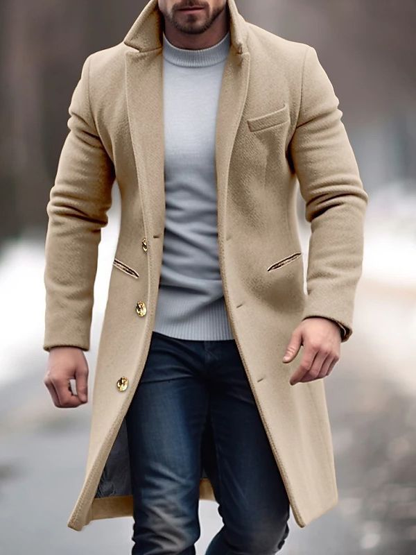 Manteau Hiver Homme Noir Élégant à Fermeture Dorée Longue