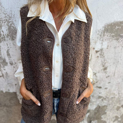 Gilet Femme Tricoté Confortable avec Poches et Fermeture Boutons