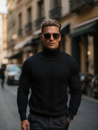 Pull homme noir col montant élégant - LuxeStyle