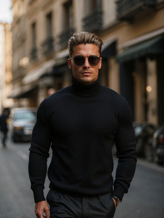 Pull homme noir col montant élégant - LuxeStyle