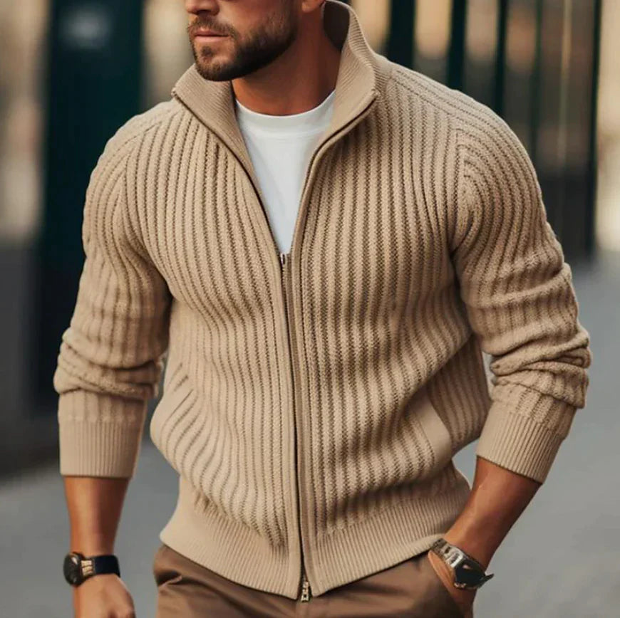 Veste en maille zippée homme brun clair col relevé - LuxeStyle