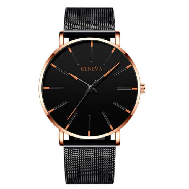 Max - Montre Femme Chic avec Cadran Noir Brillant et Bracelet Métallisé