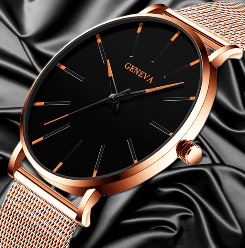 Max - Montre Femme Chic avec Cadran Noir Brillant et Bracelet Métallisé
