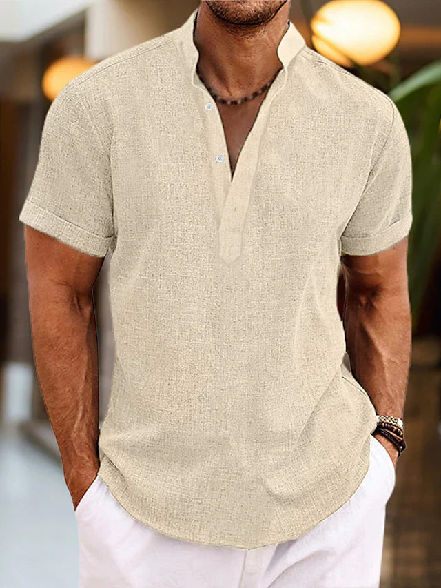 Chemise Homme Été Légère avec Col Henley et Manches Courtes