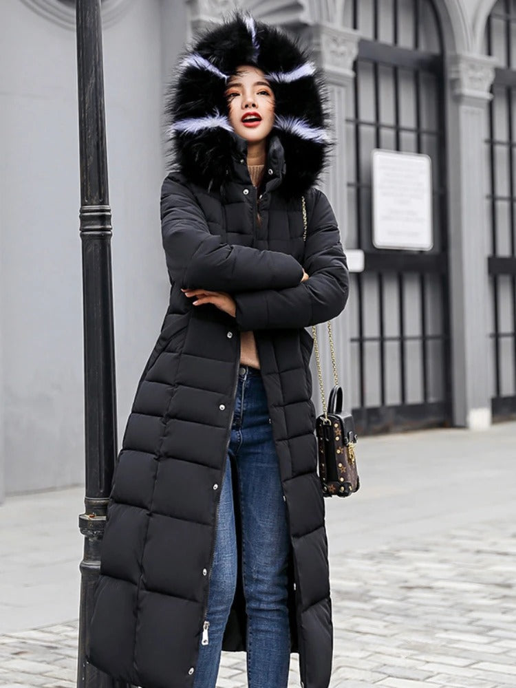 Manteau femme fourrure épais à capuche noir élégant - LuxeStyle