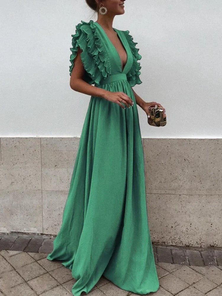 Robe Longue Femme Élégante Col en V - LuxeStyle