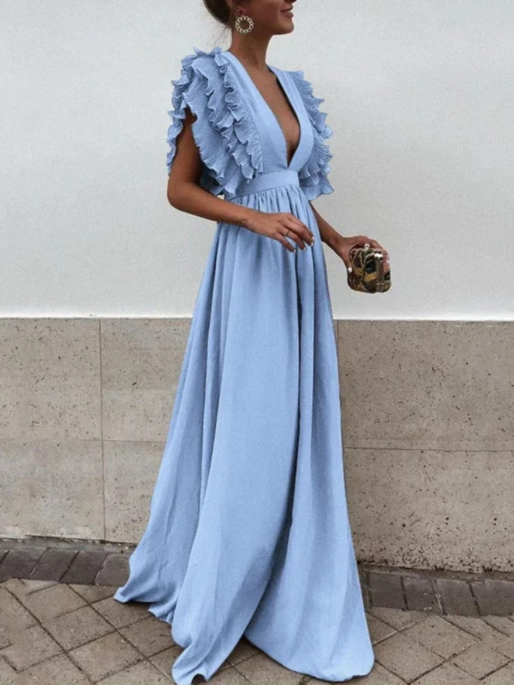 Robe Longue Femme Élégante Col en V