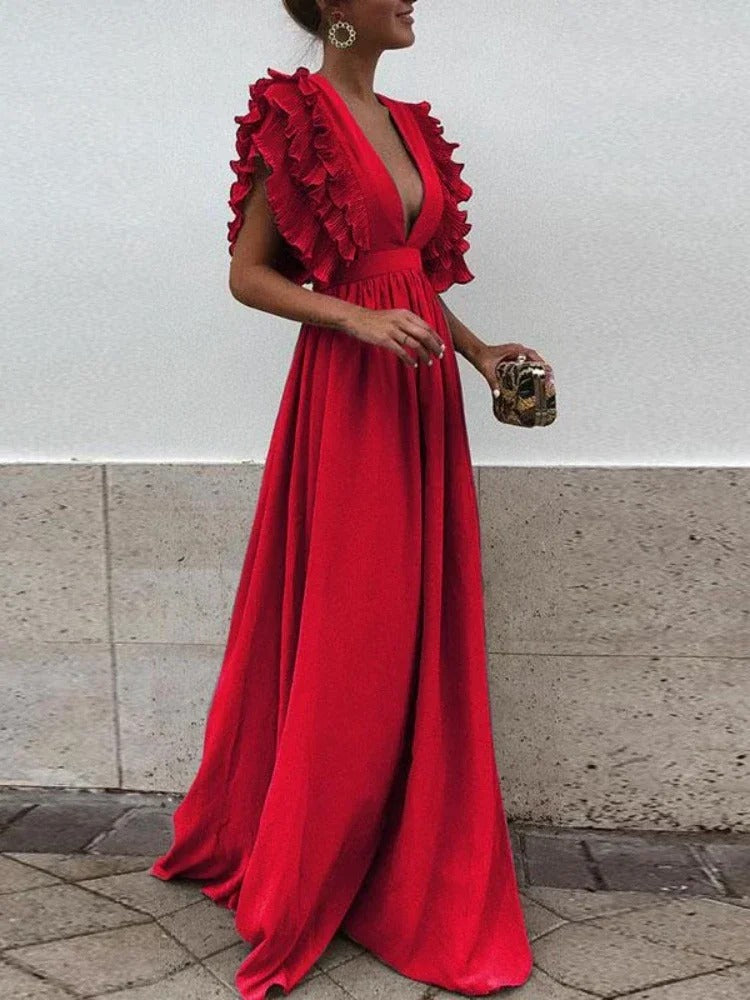 Robe Longue Femme Élégante Col en V