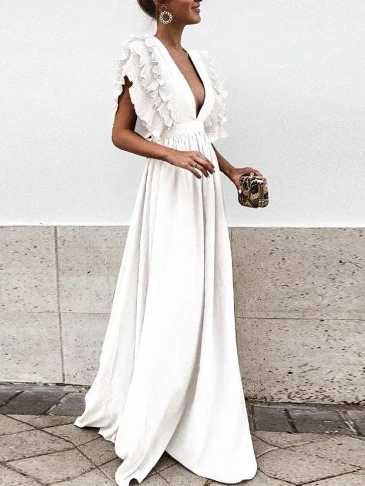 Robe Longue Femme Élégante Col en V