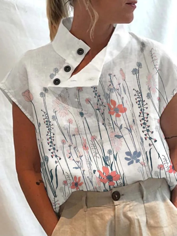 Blouse Féminine Col Montant Fleurs Colorées Boutons - LuxeStyle