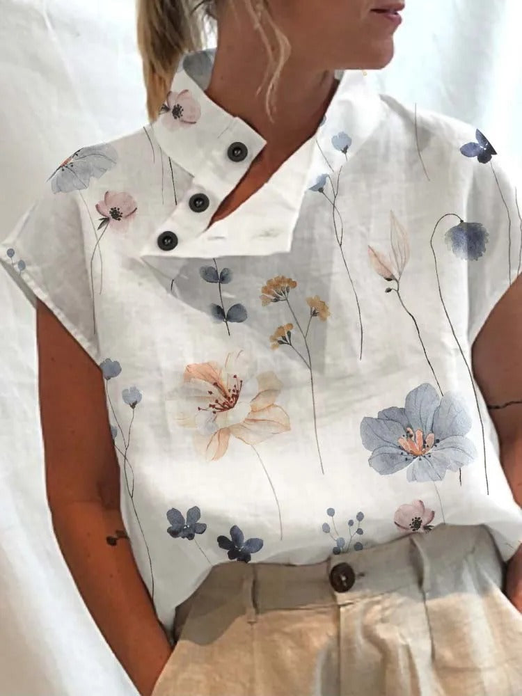 Blouse Féminine Col Montant Fleurs Colorées Boutons