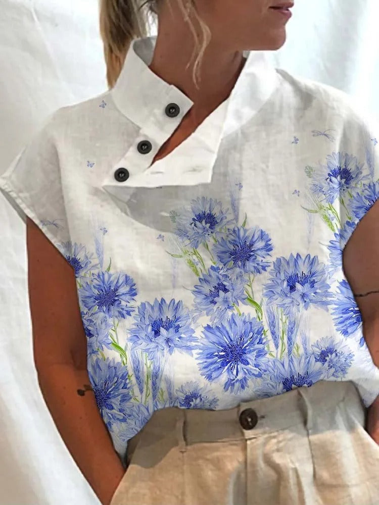 Blouse Féminine Col Montant Fleurs Colorées Boutons