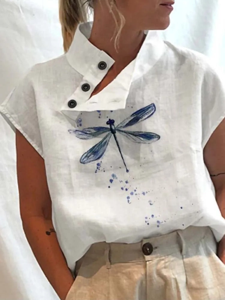 Blouse Féminine Col Montant Fleurs Colorées Boutons