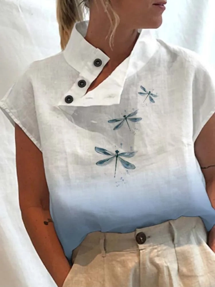 Blouse Féminine Col Montant Fleurs Colorées Boutons