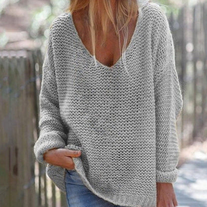 Pull Femme Gris Col V Manches Longues - LuxeStyle