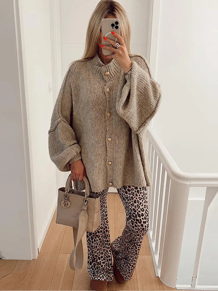 Pull en maille femme beige décontracté col roulé