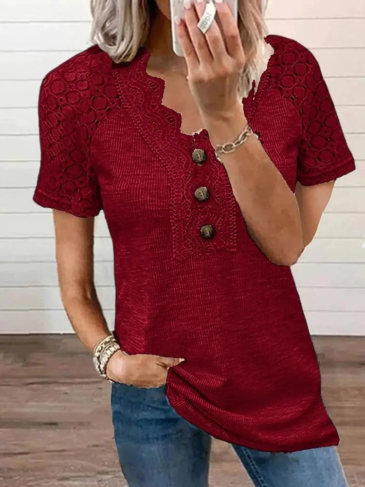 T-shirt Été Femme Décor Dentelle - Coton Doux Manches Courtes