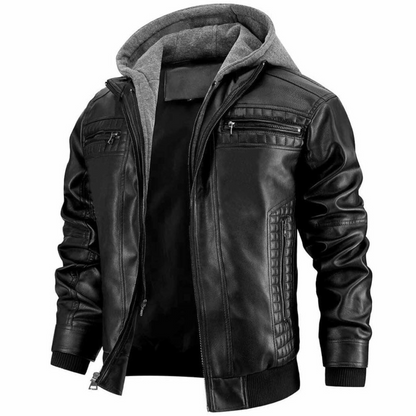 Veste Cuir Homme Style Biker Classique avec Capuchon et Fermeture Éclair
